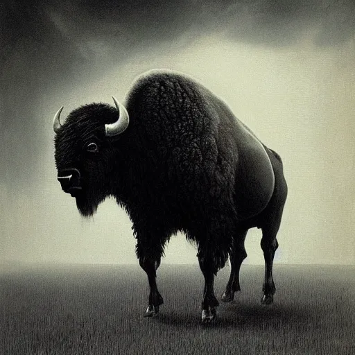 Prompt: bison as a dark souls boss by zdzisław beksiński