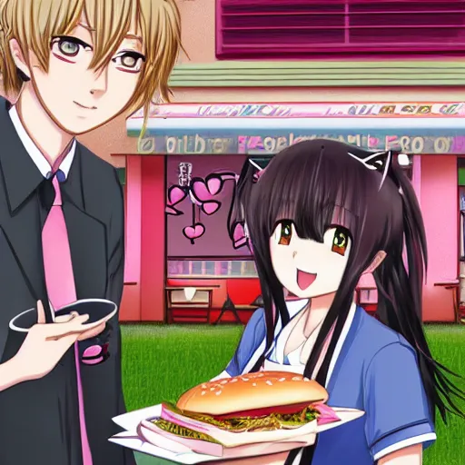 Prompt: a girl and her boyfriend eating a fast food restaurant, there are pink hearts around their heads, an anime drawing by Jin Homura, featured on pixiv, neo-romanticism, anime, pixiv, deviantart hd