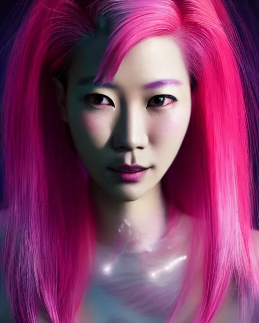 Image similar to portrait of a beautiful asian woman with pink hair as a cyberpunk cyborg, sci - fi, missing panels, intricate abstract upper body intricate artwork, concept art, octane render, deviantart, cinematic, key art, hyperrealism, iridescent accents, portrait photograph, nikon 3 5 mm, photograph by annie leibovitz and steve mccurry, greg rutkowski