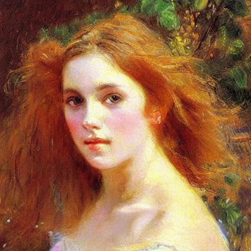 Prompt: portrait of a young woman, impressionism, realism, landscape, portrait, romanticism, painting by nikolay makovsky