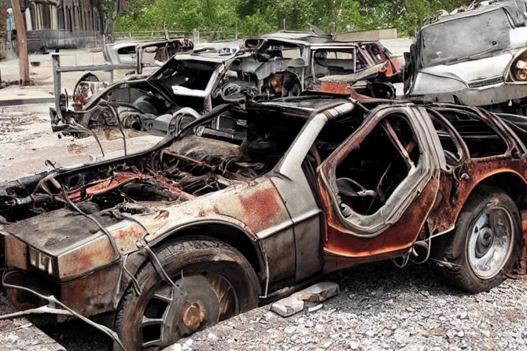 Image similar to rusty, derelict 1 9 2 2 delorean being dragged by a tow truck