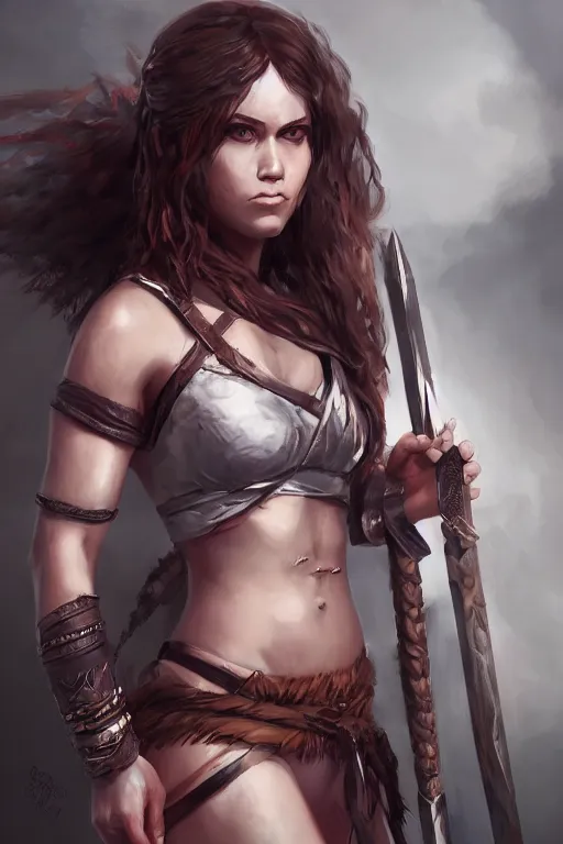 Image similar to portrait of a barbarian female, full body view, ultra sharp, very detailed, high quality focus by wlop