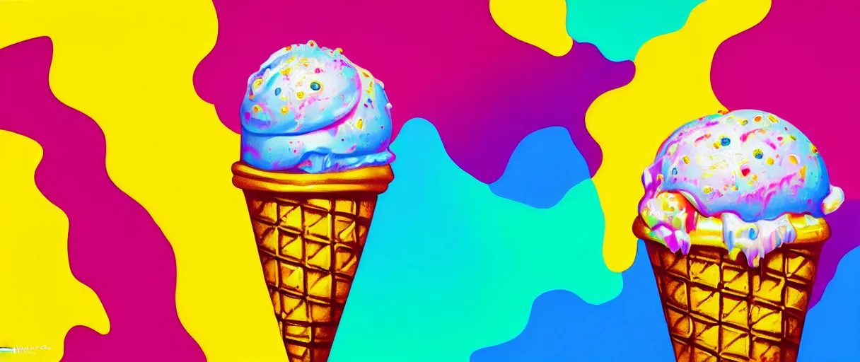 Image similar to hyperrealistic popart supercute melting! multicolored ice cream jason limon digital painting dramatic yellow lighting high angle hd 8k sharp shallow depth of field