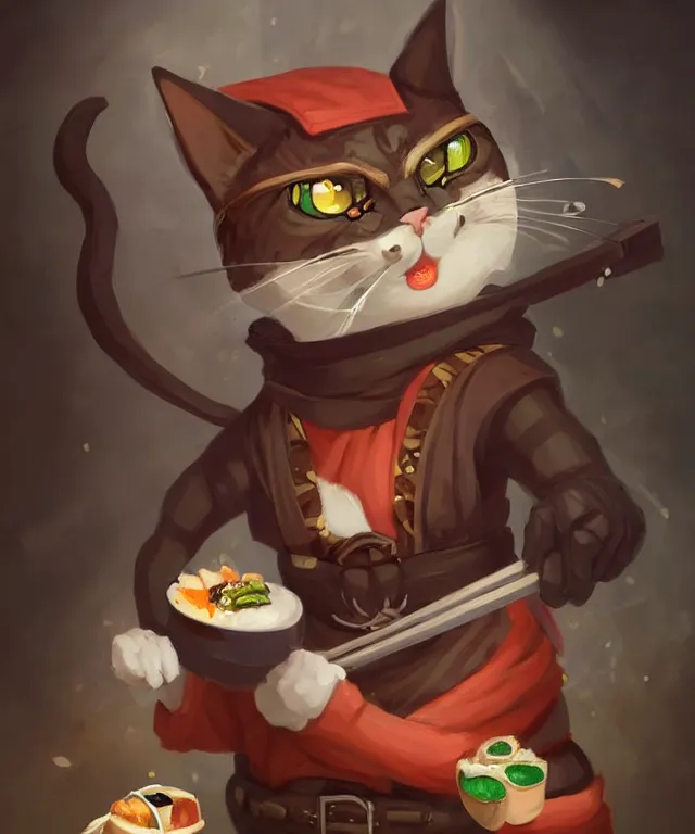 Image similar to a portrait of an anthropomorphic cat ninja eating sushi, ninja outfit, standing in a restaurant, cute and adorable, dnd character art portrait, well rendered matte fantasy painting, deviantart artstation, by jason felix by steve argyle by tyler jacobson by peter mohrbacher, cinematic lighting