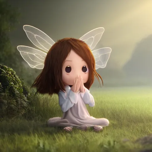 Image similar to a tiny cute fairy praying, realistic beautiful face, large eyes, cute, adorable, volumetric light, octane render, studio ghibli, trending on artstation