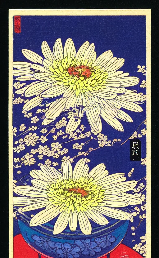 Prompt: by akio watanabe, manga art, chrysanthemum flower inside flat japanese sake cup top, trading card front