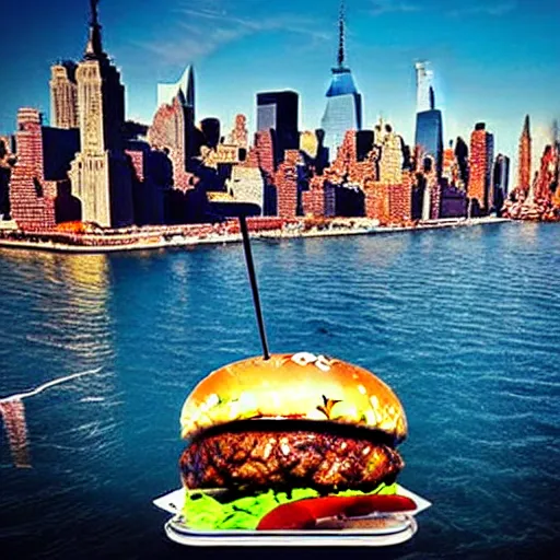 Prompt: giant delicious burger and fries splashes into New York city river, mind-bending digital art, macro photography 25mm, hollywood movie cinematic helicopter view