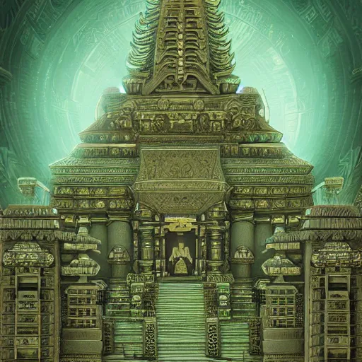 Prompt: extreme long shot of strange temple, , the building is covert with glyphs and on the top of the temple big gold design intricate, hyper detailed, trending on artstation, green tones, glow