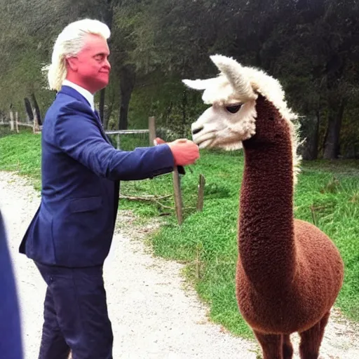 Prompt: geert wilders touching alpaca behind