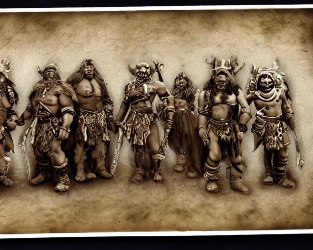 Image similar to group vintage photograph of a warrior orc tribe, highly detailed, warhammer, warcraft