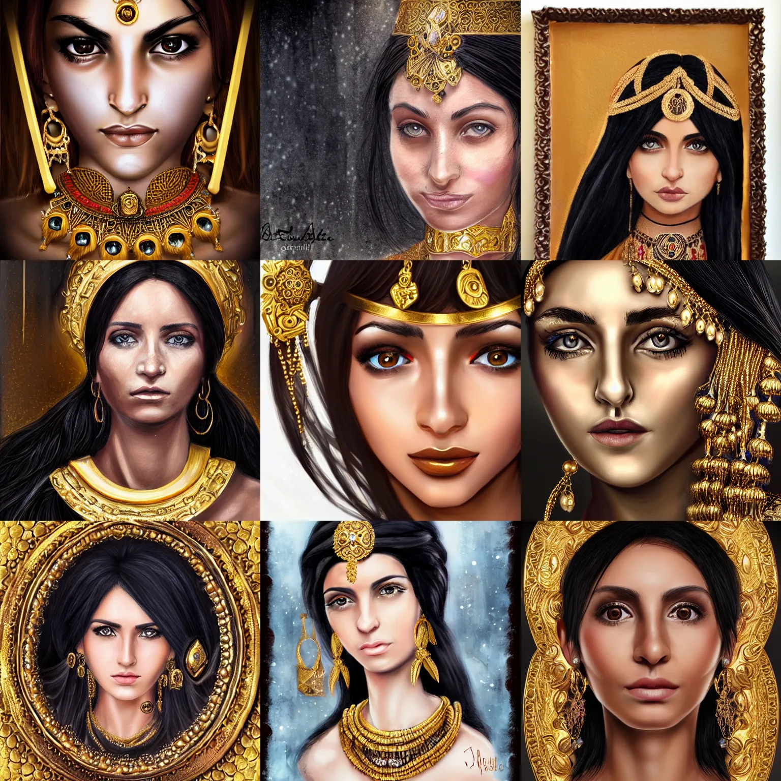 Prompt: realistic detailed portrait of a female cleric, Romani descent, black hair, one golden eyeball, golden jewellery, soft features, elegant