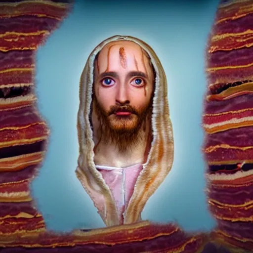 Prompt: the shroud of turin made of bacon, photography, 8 k, highly detailed, ultra realistic, path traced