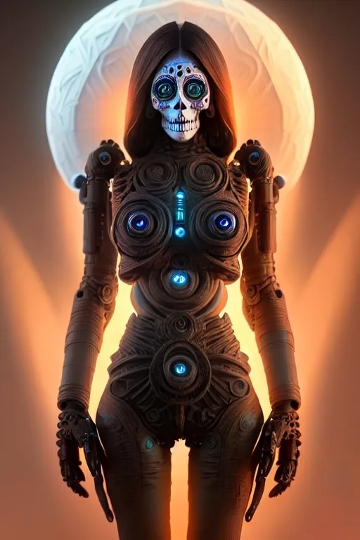 Image similar to ultra detailed Female Android deity, scifi, octane render, clay render, (dia de los muertos), asymmetrical, intricate concept art, art by artgerm and DZO and greg rutkowski and loish and WLOP