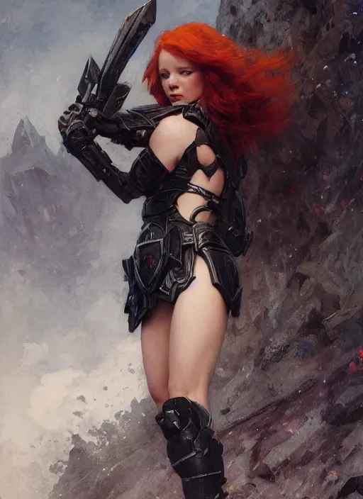 Image similar to short muscular redhead young woman wearing black lowpoly armour, bare legs, detailed, by gaston bussiere, bayard wu, greg rutkowski, giger, maxim verehin, greg rutkowski, masterpiece, sharp focus, cinematic lightning