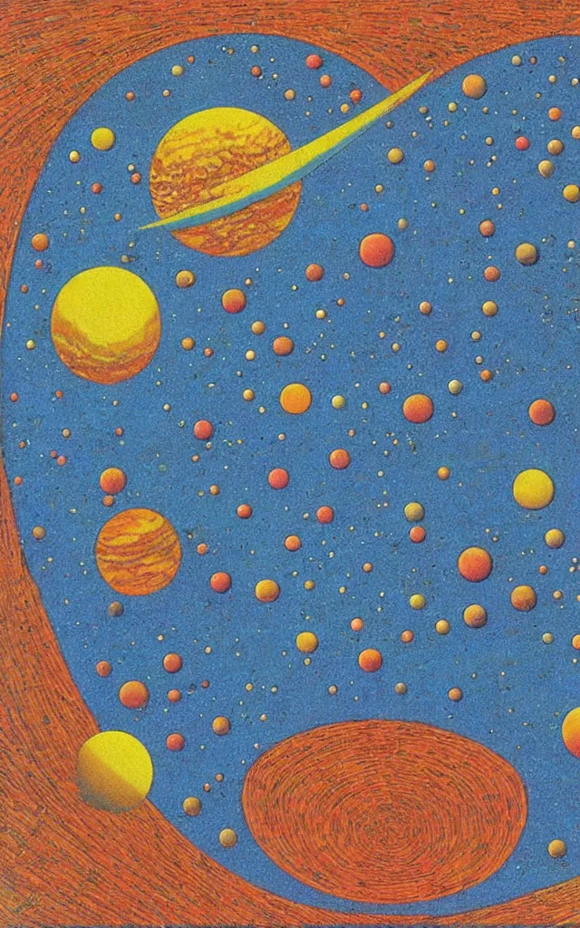 Image similar to planet earth seen from very very far away with the empty cosmic landscape on the background. Retro modern art by jean giraud.