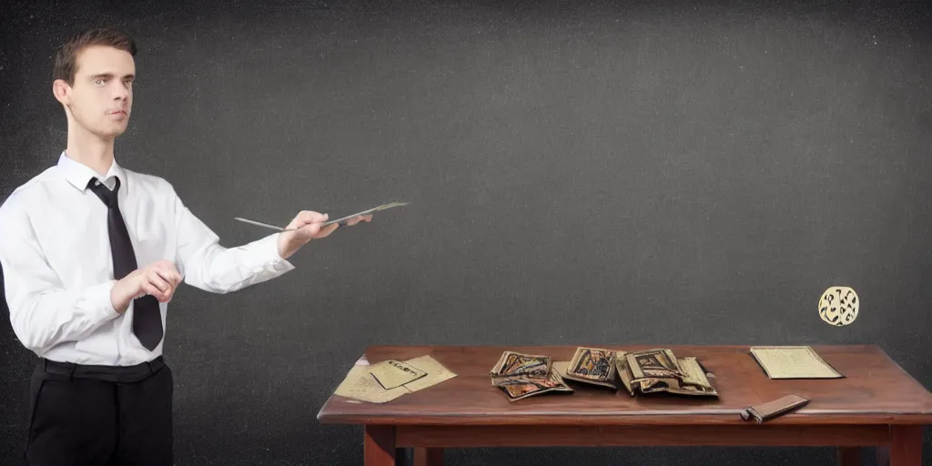 Image similar to male accountant examining the mysteries of tarot cards on a blackboard, background is chalk and blackboard, matte painting, high quality