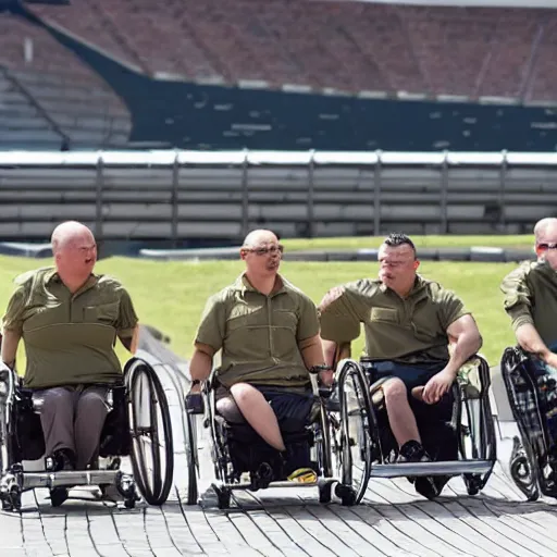 Image similar to men in khaki on wheelchairs with turbo engines compete on a race track