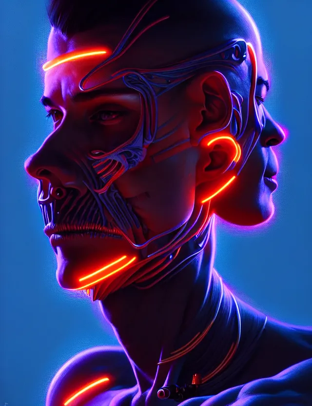 Image similar to portrait of male humanoid, intricate, perfect anatomy, neon lighting, highly detailed, digital photography, artstation, stylish pose, concept art, smooth, sharp focus, illustration, art by artgerm and greg rutkowski