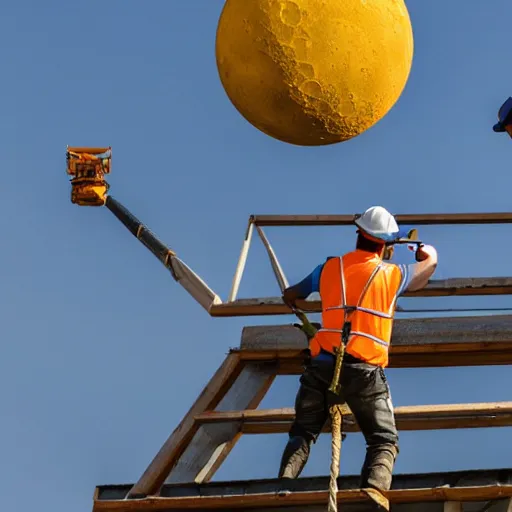 Image similar to two construction workers removing the moon from the sky