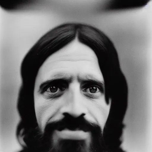 Image similar to photo of Jesus Christ by Diane Arbus, black and white, high contrast, Rolleiflex, 55mm f/4 lens