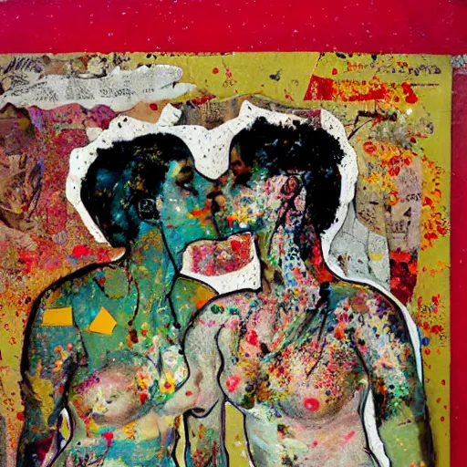 Prompt: two women kissing at a carnival, mixed media collage, vintage, paper collage, magazine collage, acrylic paint splatters, bauhaus, claymation, layered paper art, sapphic visual poetry expressing the utmost of desire by jackson pollock