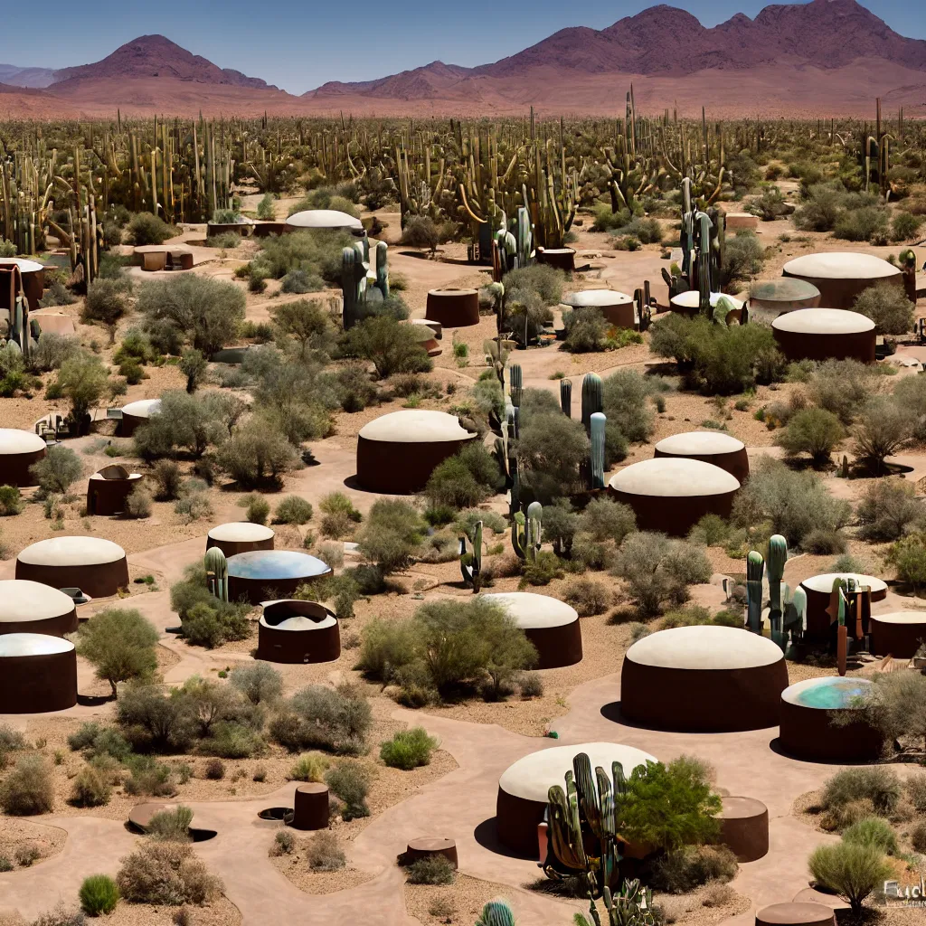 Prompt: futuristic adobe housing domes in a permaculture biosphere, ceramic pastel earthships with hexagonal surface texture, biophillic architecture, urban planning, cactus park, closed ecosystem, racks of vegetables propagated under shadecloth, in the middle of the desert, with a miniature indoor lake, XF IQ4, 150MP, 50mm, F1.4, ISO 200, 1/160s, natural light at sunset with outdoor led strip lighting