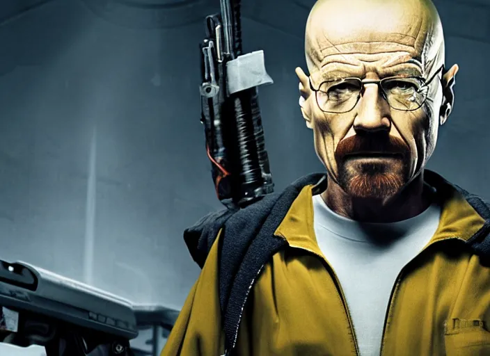 Image similar to film still of Walter White as Gordan Freeman wearing Black Mesa Jumpsuit in the Half Life Movie, 4k