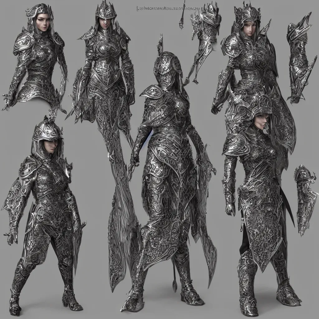 Prompt: concept layout of 3 d rendered full suit of decorative female armor, filigree, lord of the rings, elder scrolls, detailed, art station, unreal engine