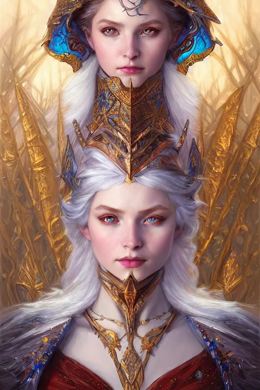 Prompt: portrait of a young beautiful snow queen, intricate colorful armor, Warhammer-inspired, fantasy, intricate, beautiful eyes, realistic, cinematic lighting, highly detailed, digital painting, Artstation, concept art, smooth, sharp focus, illustration, art by Artgerm and Greg Rutkowski and Alphonse Mucha