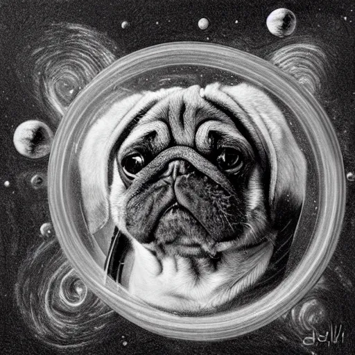 Image similar to pencil art, golden - ratio, spirals, highly detailed, astronaut pug in outer space by davinci.