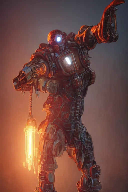 Image similar to hardmesh spiderman retro futurist steampunk fallout 7 6 power armor, hyper realistic, art cover, official fanart behance hd artstation by jesper ejsing, by rhads, makoto shinkai, final fantasy, unreal engine highly rendered, global illumination, radiant light, intricate environment radiating a glowing aura global illumination ray tracing hdr