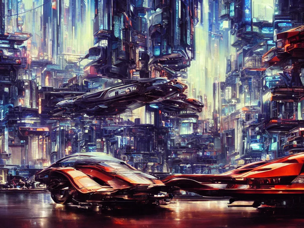Prompt: hyperrealistic and beautiful painting of a slice of life from a futuristic city, mechanical designs, futuristic cars, night, technological, cinematic, cyberpunk style, highly detailed, realism, acrylic on canvas, 8 k resolution, concept art, by noriyoshi ohrai, john berkey