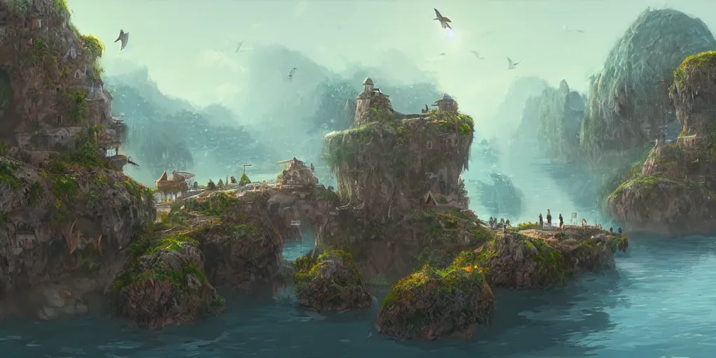 Image similar to peaceful village built on floating rocks in the sky, rope bridges, birds in background, high fantasy, detailed, digital painting, realistic, landscape by jonathan berube