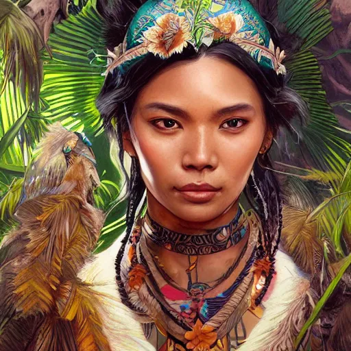 Image similar to A Pacific Islander Ruler, facial tattoos, artists portrait, wild jungle, fantasy, highly detailed, digital painting, concept art, sharp focus, depth of field blur, illustration, art by artgerm and greg rutkowski and alphonse mucha