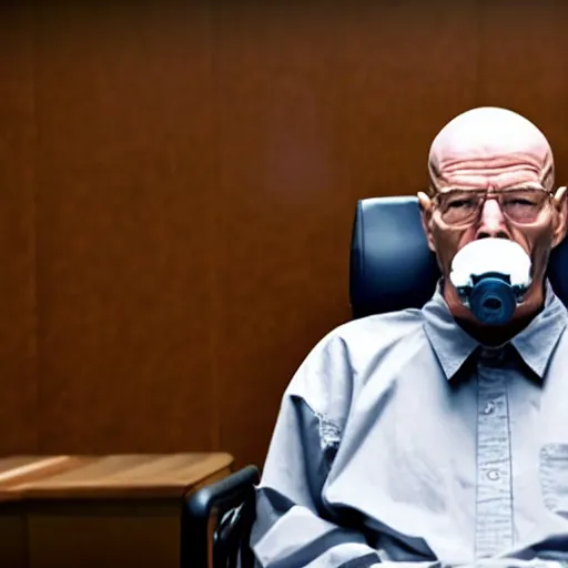 Prompt: walter white wears oxygen mask on face. he sits in a wheelchair in a courtroom. cinematic lighting