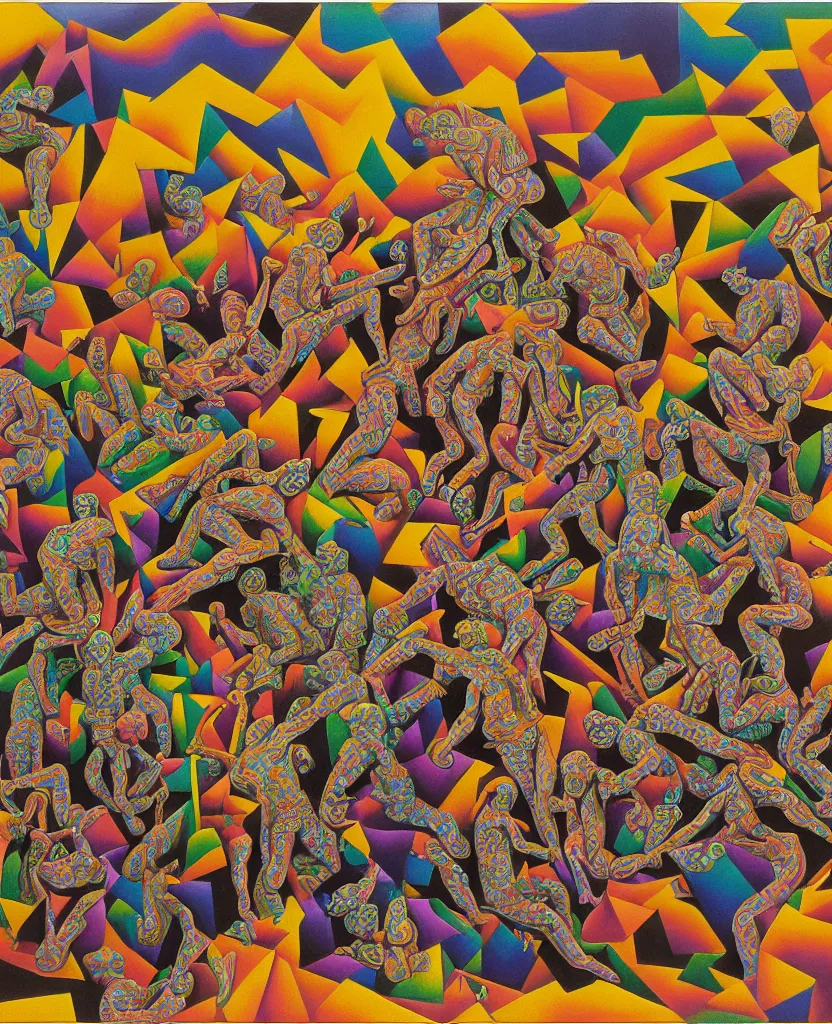 Prompt: multi colored psychedelic weeping soldiers | pain, pleasure, suffering, adventure, love, life, afterlife, souls in joy and agony | abstract oil painting, gouche on paper by MC Escher and Salvador Dali and raqib shaw and Josef albers on LSD |