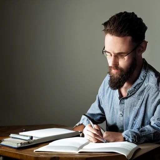 Image similar to a photograph of a man writing the novel of his life story, award - winning photograph, studio lighting, dramatic colors, striking lighting, perfect composition