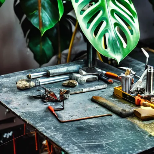 Image similar to A close-up shot of a metal table with laboratory tools and materials in an abandoned biopunk laboratory, plants everywhere, jungle themed, monstera, life,