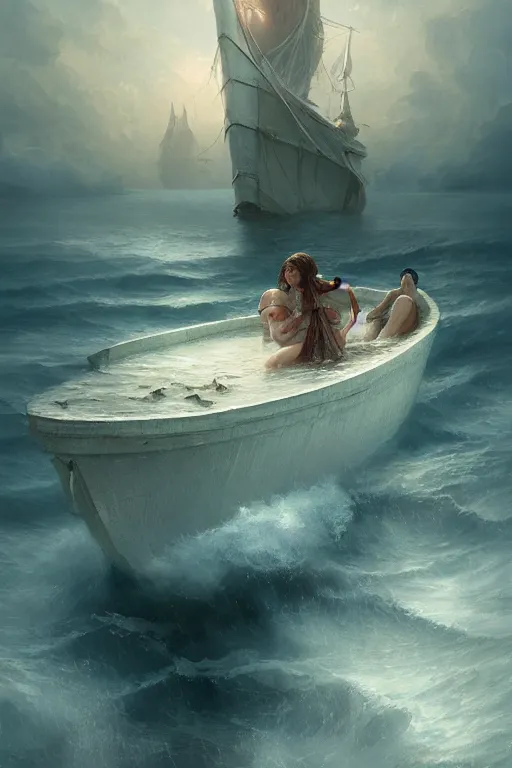 Prompt: breathtaking detailed soft painting of a drunken ship with mystical horrors, bathing in dreaming lactescent sea, alcohol with blue delirium skies, elegant, highly detailed, artstation, concept art, matte, sharp focus, art by tom bagshaw, and greg rutkowski