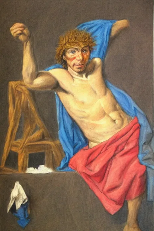 Image similar to A poor imitation of The Death of Marat by Jacques Louis-David, crayons on paper, by a 5 year old who is terrible at art