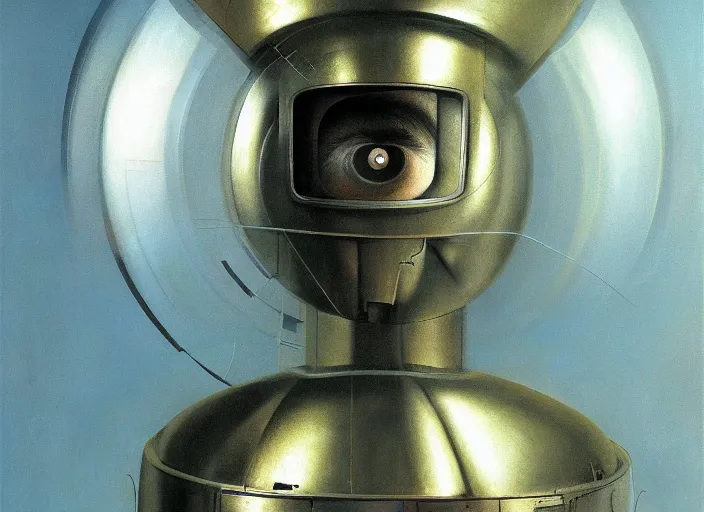 Image similar to a portrait headshot of sci fi metallic human, bright eyes, melancholic complex geometric figure liminal machinery by oskar schlemmer, moebius, john berkey, film grain, oil on canvas, portrait facial head, featured on artstation, hd wallpaper, 8 k