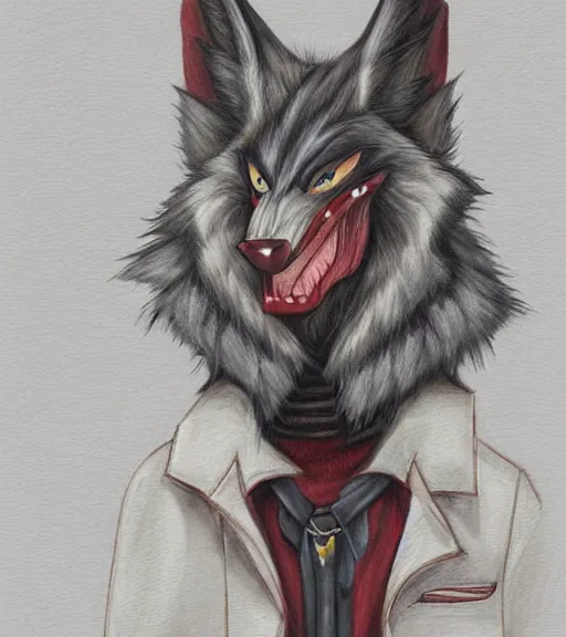 Image similar to expressive stylized master furry artist digital colored pencil painting full body portrait character study of the sergal wolf fursona animal person wearing clothes by master furry artist blotch