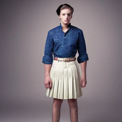 Prompt: A young pretty male model showcasing a very cute pleated miniskirt and blouse. Studio lighting