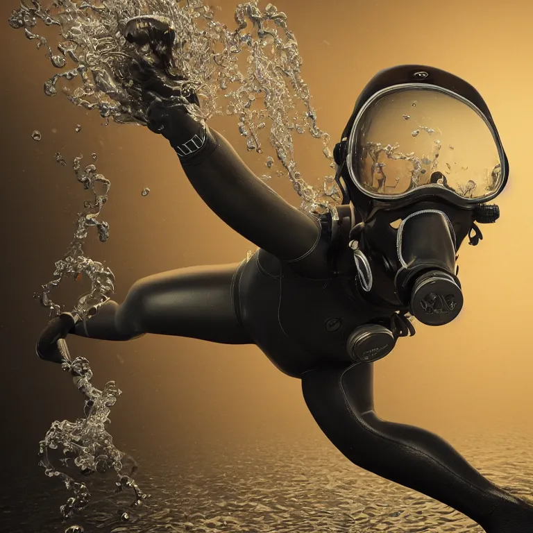 Image similar to octane render portrait by wayne barlow and carlo crivelli and glenn fabry, subject is a diver in a wet suit with goggles with giant long red tentacles coming out of their mouth, cinema 4 d, ray traced lighting, very short depth of field, bokeh