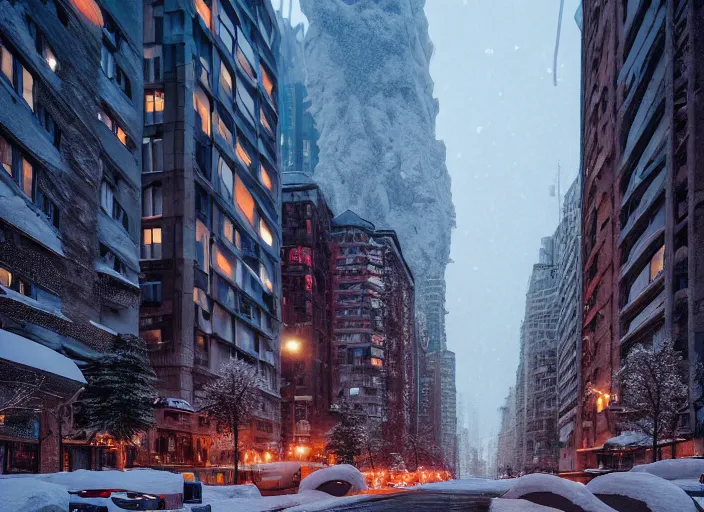 Prompt: a city street covered with snow, winter, dusk, futuristic city, robots populate the street, futuristic cars, extremely detailed, sharp focus, rule of thirds, award winning photography. photo by victor enrich, liam wong.