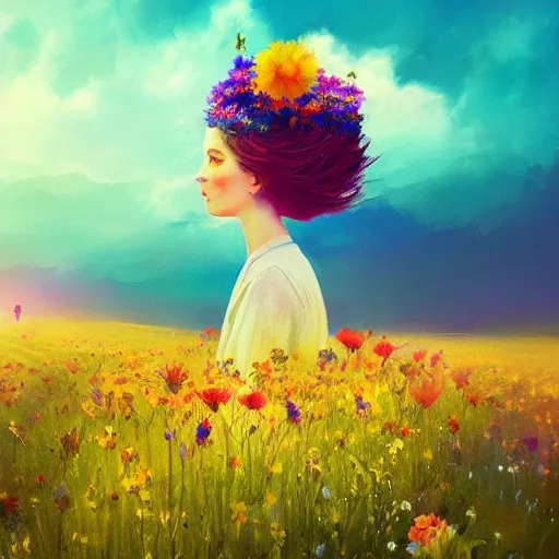 Image similar to girl with a flower head, surreal photography, dream, standing in flower field, magical, in a valley, sunrise dramatic light, impressionist painting, colorful clouds, artstation, simon stalenhag