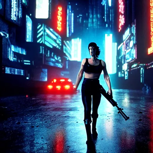 Image similar to jennifer connelly starring in a cyberpunk movie in a distopic futuristic city in the style of bladerunner, wearing a cropped black tank top, black boy shorts and black boots, firing a gun, muzzle flash, movie still, highly detailed, rainy night, volumetric lights, dramatic, scifi, sharp focus