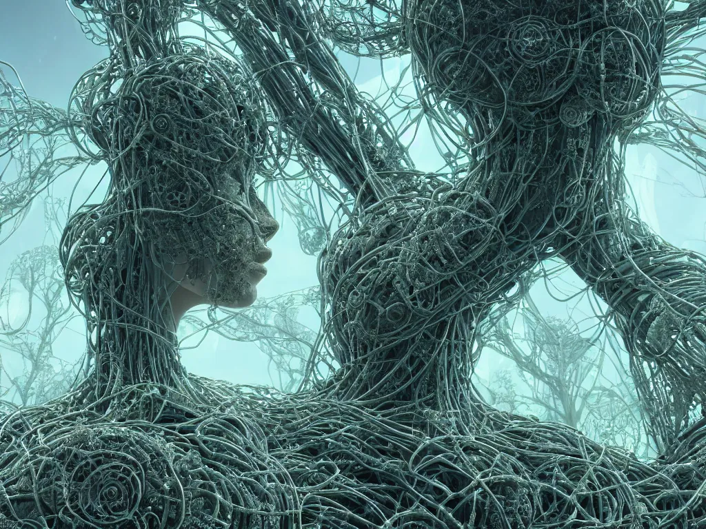 Image similar to a centered render of an goddess entangled in an alien bio - organic landscape adorned with cables and synthesizer parts is surrounded by sacred geometry, bio - mech tree roots, powerful, cinematic, beautifully lit, by artgerm, by h. r. giger, 3 d, trending on artstation, octane render, 8 k