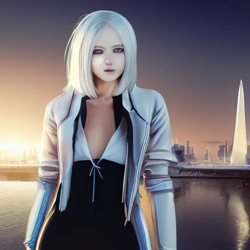 Image similar to platinum - blonde - haired long bob cut blue - eyed princess wearing white leggings and black jacket, standing next to communist monument, futuristic city, anime, hd anime wallpaper, hyperrealistic lighting, octane render, volumetric lighting, drawn by artgerm