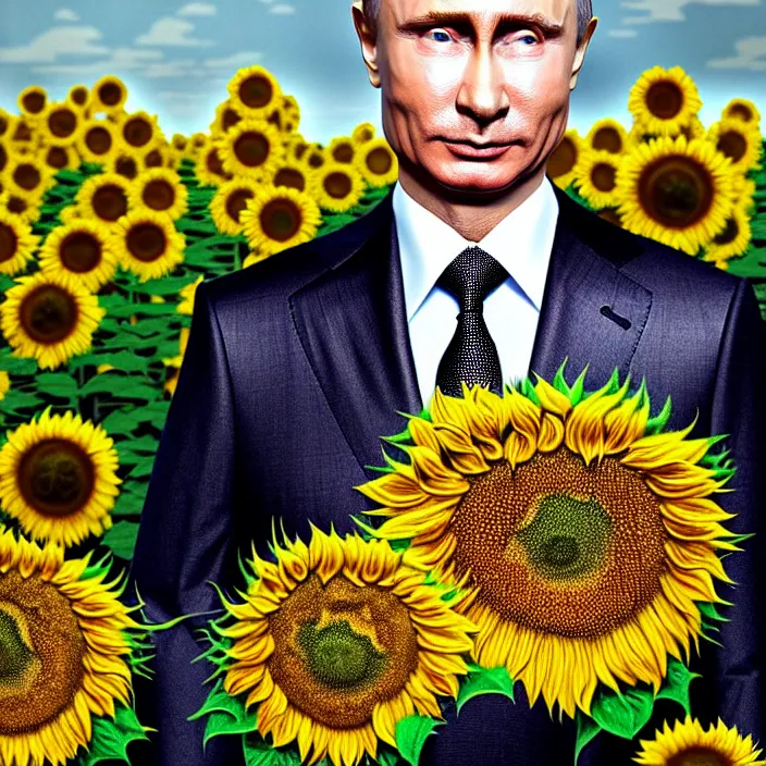 Prompt: photo portrait of Vladimir Putin - sunflowers - dressed in leisure shirt with ornamental ethereal sunflower pattern, natural skin tone, highly detailed realistic flowers ornament on the shirt, raging war and explosions in the background, face is highly detailed, elegant, Realistic, Refined, Highly Detailed, natural soft pastel lighting colors scheme, fine art photography by Cecil Beaton, volumetric lighting, hyper realistic photography